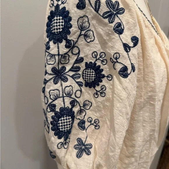 Max Studio Cream Blouse with Navy Embroidery - Picture 2 of 4